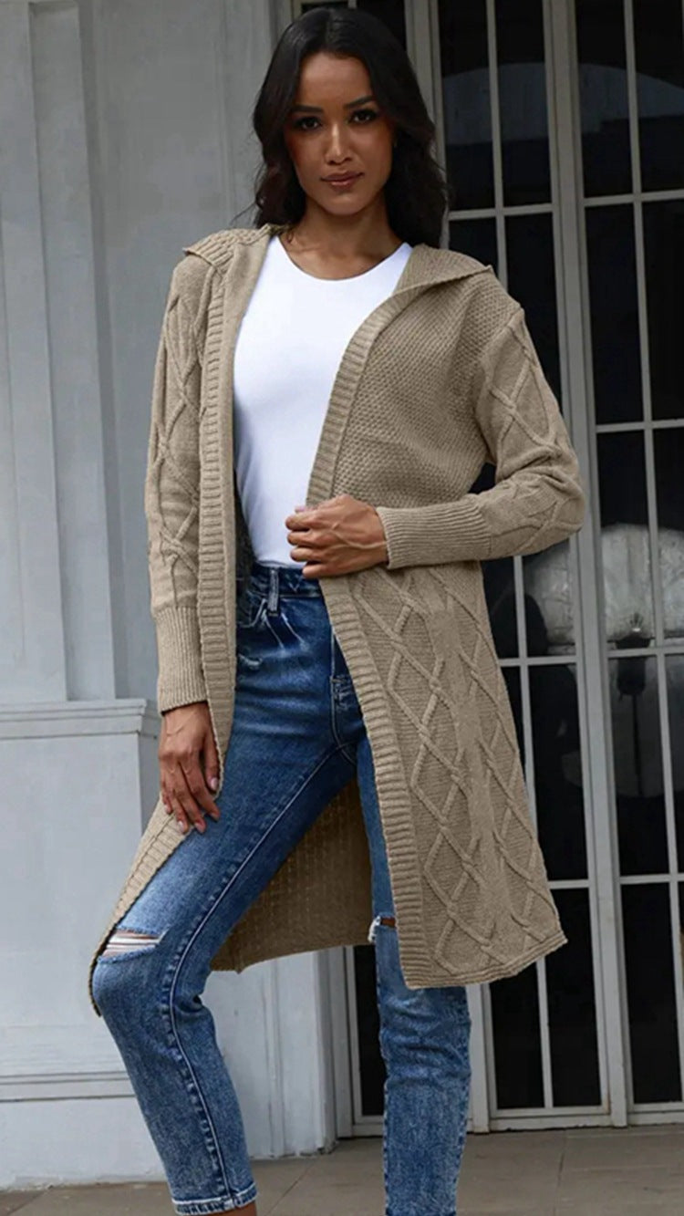 Damen Strickjacke mit Kapuze und stilvollem Zopfdesign Stalluxe Khaki