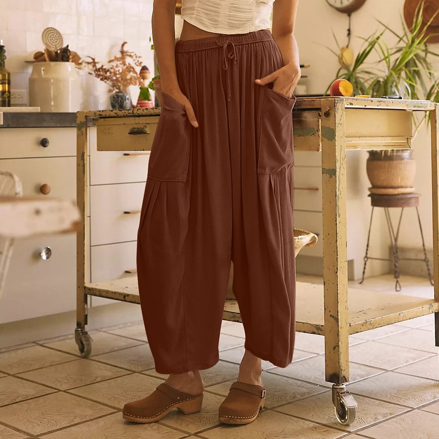 Damen weite Freizeithose mit tiefen Taschen und elastischem Bund Stalluxe