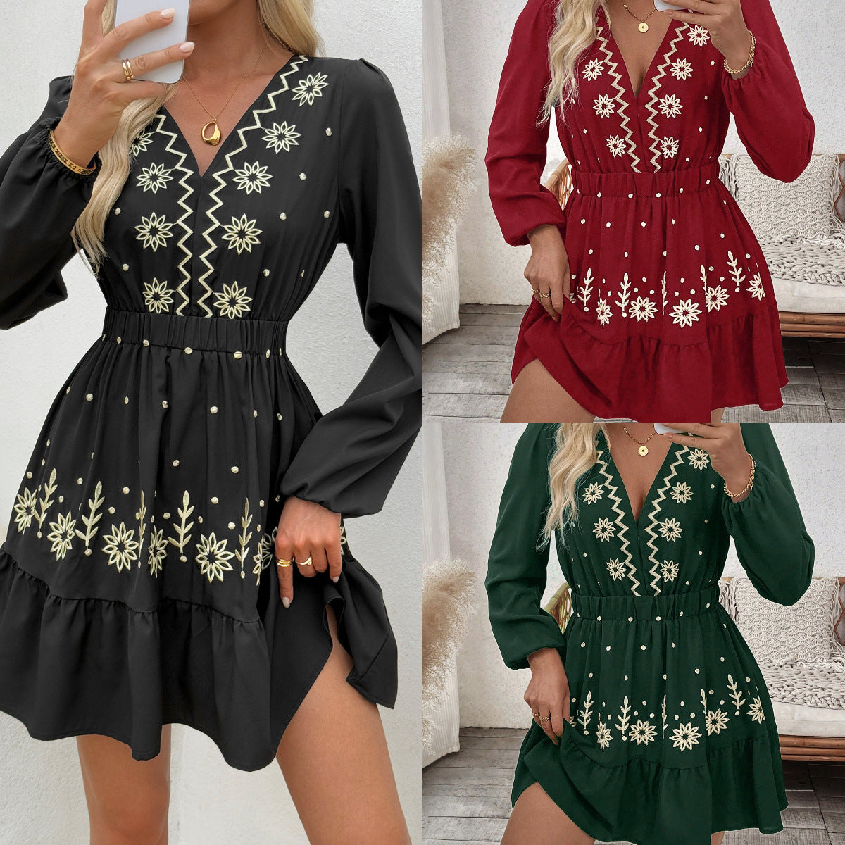 Damen Minikleid mit floralem Bestickungsdetail und Taillengürtel Stalluxe