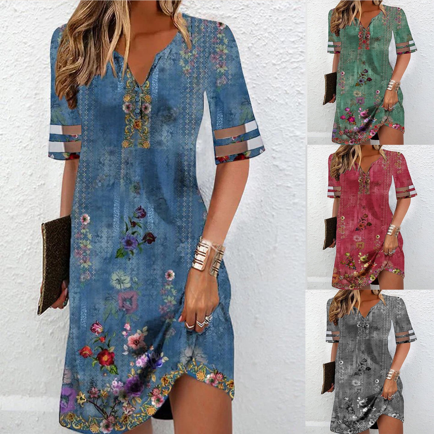 Damen kurzes Kleid mit floralem Muster und V-Ausschnitt Stalluxe