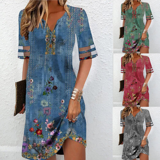 Damen kurzes Kleid mit floralem Muster und V-Ausschnitt Stalluxe