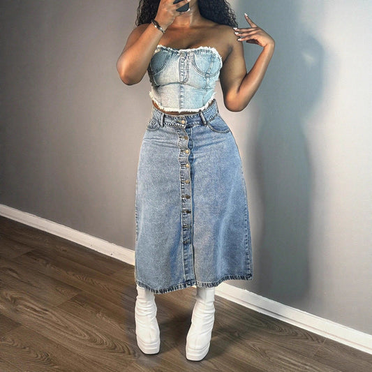 Damen Denim-Midirock mit Knopfverschluss und weitem Schnitt Stalluxe