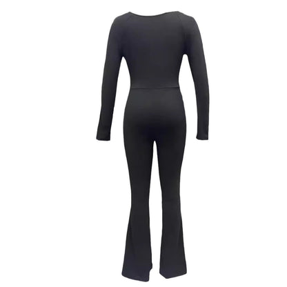 Damen Eleganter und figurbetonter Jumpsuit mit weitem Bein und langen Ärmeln Stalluxe
