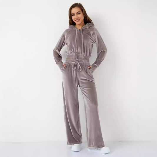 Damen luxuriöser Velours-Hoodie und weite Hose Set Stalluxe