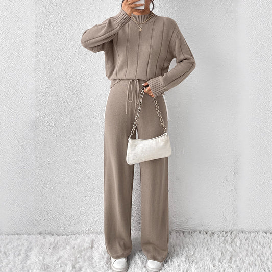 Damen lässiges Strick-Set mit hochabschließendem Pullover und weitem Hosen Stalluxe