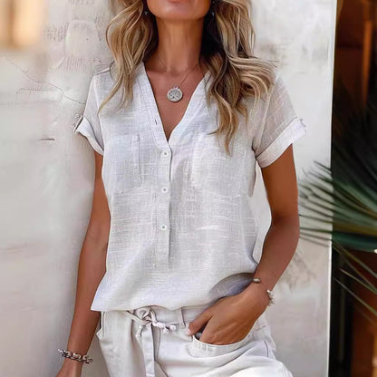 Damen Kurzarm Leinenbluse mit Knopfdetails Stalluxe