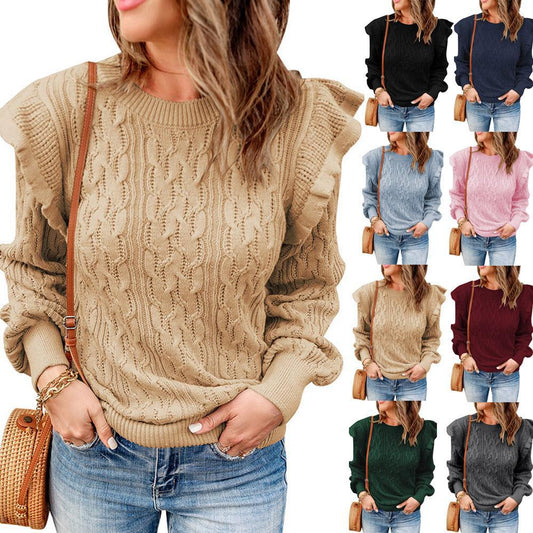 Damen Grobstrickpullover mit Rüschenärmeln und modischem Muster Stalluxe