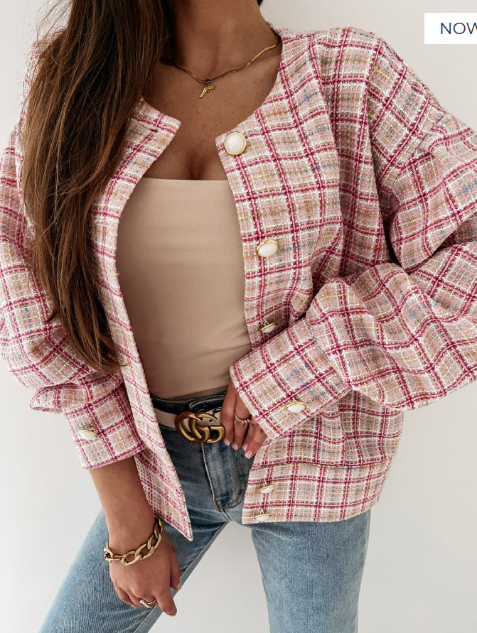 Damen Modischer Karostrickjacke mit einzigartigem Knopfverschluss Stalluxe