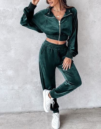 Damen Velours Sportanzug mit cropped Jacke und elastischem Bund Stalluxe