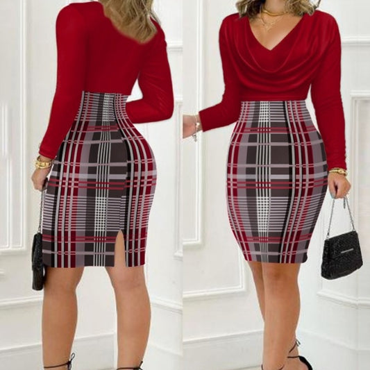 Damen elegantes Kleid mit Wickeloberteil und kariertem Rock Stalluxe