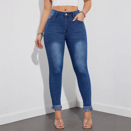Damen Skinny-Jeans mit fransigem Saum und hoher Taille Stalluxe
