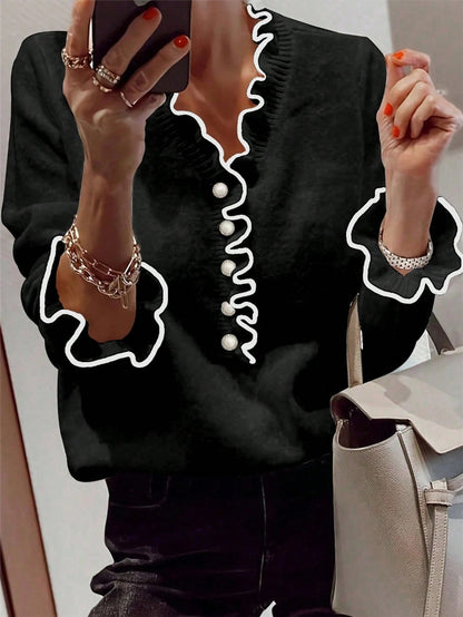 Damen Elegantes Sweatshirt mit Rüschendetails und Perlenknöpfen Stalluxe