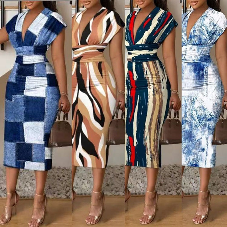 Damen Patchwork-Kleid im Jeansstil mit V-Ausschnitt und taillierter Silhouette Stalluxe