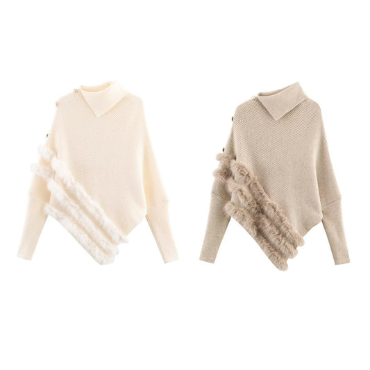 Damen modischer Poncho mit luxuriösem Fellbesatz und innovativem Schnitt Stalluxe