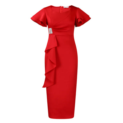 Damen elegantes figurbetontes Kleid mit Rüschendetails und asymmetrischem Saum Stalluxe