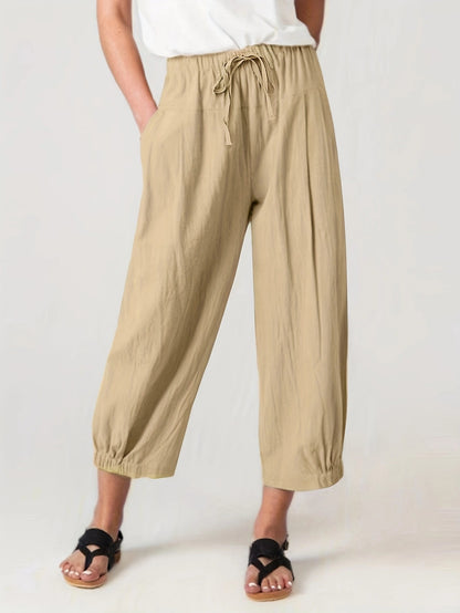 Damen weite Leinenhose mit elastischem Bund und praktischen Taschen Stalluxe
