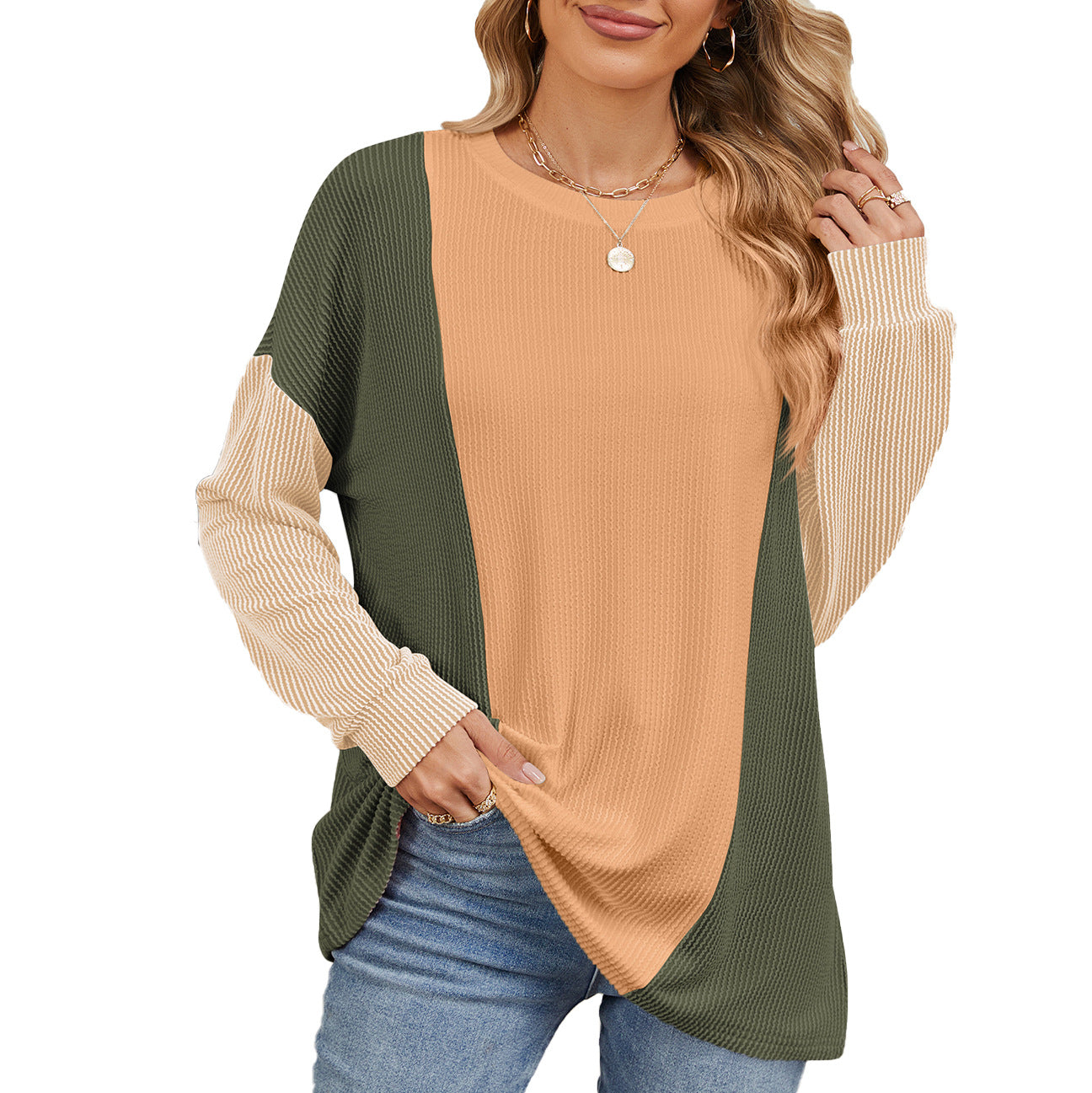 Damen oversized Pullover mit strukturiertem Rippdesign und modernen Farbblockakzenten Stalluxe