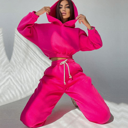 Damen trendiges Sweat-Set mit cropped Oberteil und elastischem Bund Stalluxe