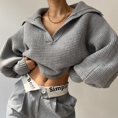 Damen cropped Strickpullover mit weitem Schnitt und angesagtem Kragen Stalluxe