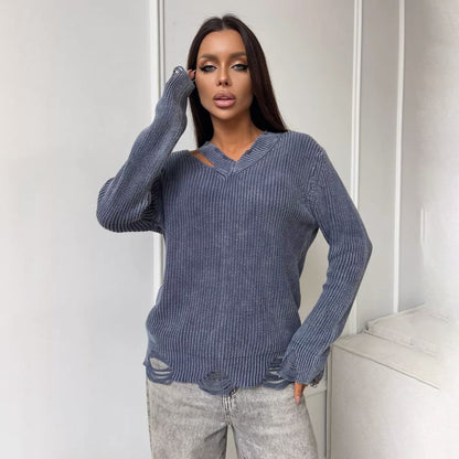 Damen Grobstrickpullover mit trendigem V-Ausschnitt und distressed Elementen Stalluxe