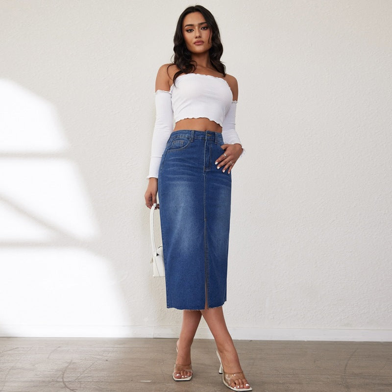 Damen Jeansrock mit hoher Taille und seitlichem Schlitz Stalluxe
