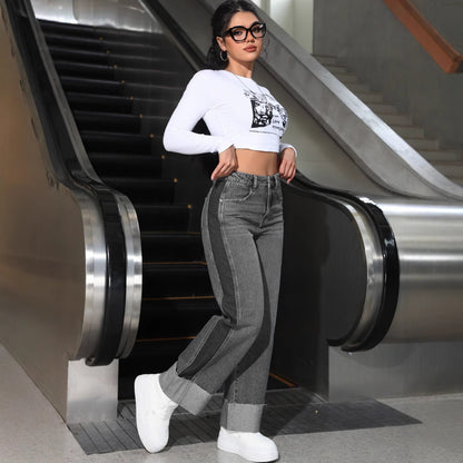 Damen Weit geschnittene Denim-Hose mit trendy abgeschnittenem Saum Stalluxe