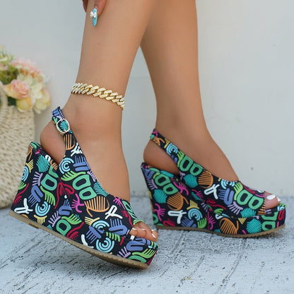 Damen Wedge-Pantoletten mit buntem Grafikdesign und verstellbarem Riemen Stalluxe