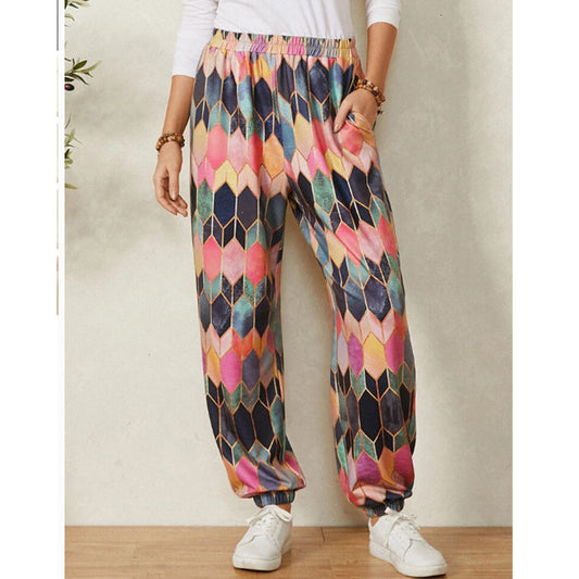 Damen Freizeithose mit modernem geometrischen Muster und elastischem Bund Stalluxe