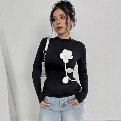 Damen Langärmliges T-Shirt mit 3D-Blumenapplikation Stalluxe