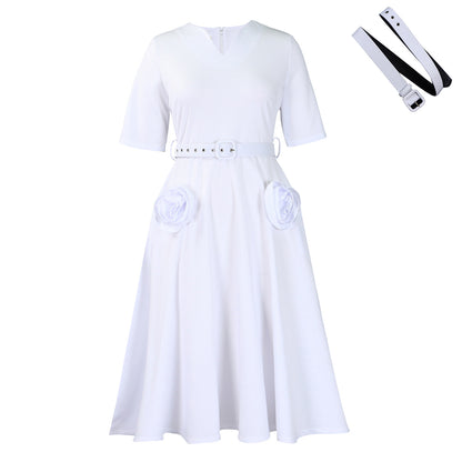 Damen Midi-Kleid mit dekorativen Blumenapplikationen und Taillengürtel Stalluxe
