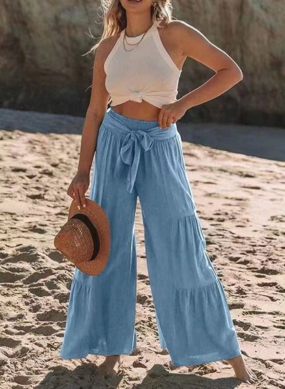 Damen luftige Palazzo-Hose mit elastischem Bund und praktischem Bindegürtel Stalluxe