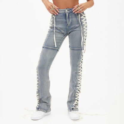 Damen Bootcut-Jeans mit dekorativen Schnürdetails Stalluxe