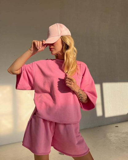 Damen lässiges Kurzarm-Set mit oversize Oberteil und weit geschnittenen Shorts Stalluxe