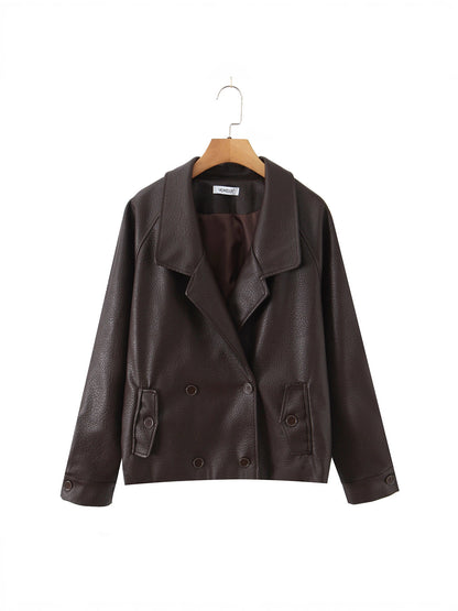 Damen modische Kunstlederjacke mit doppelter Knopfleiste und großem Revers Stalluxe