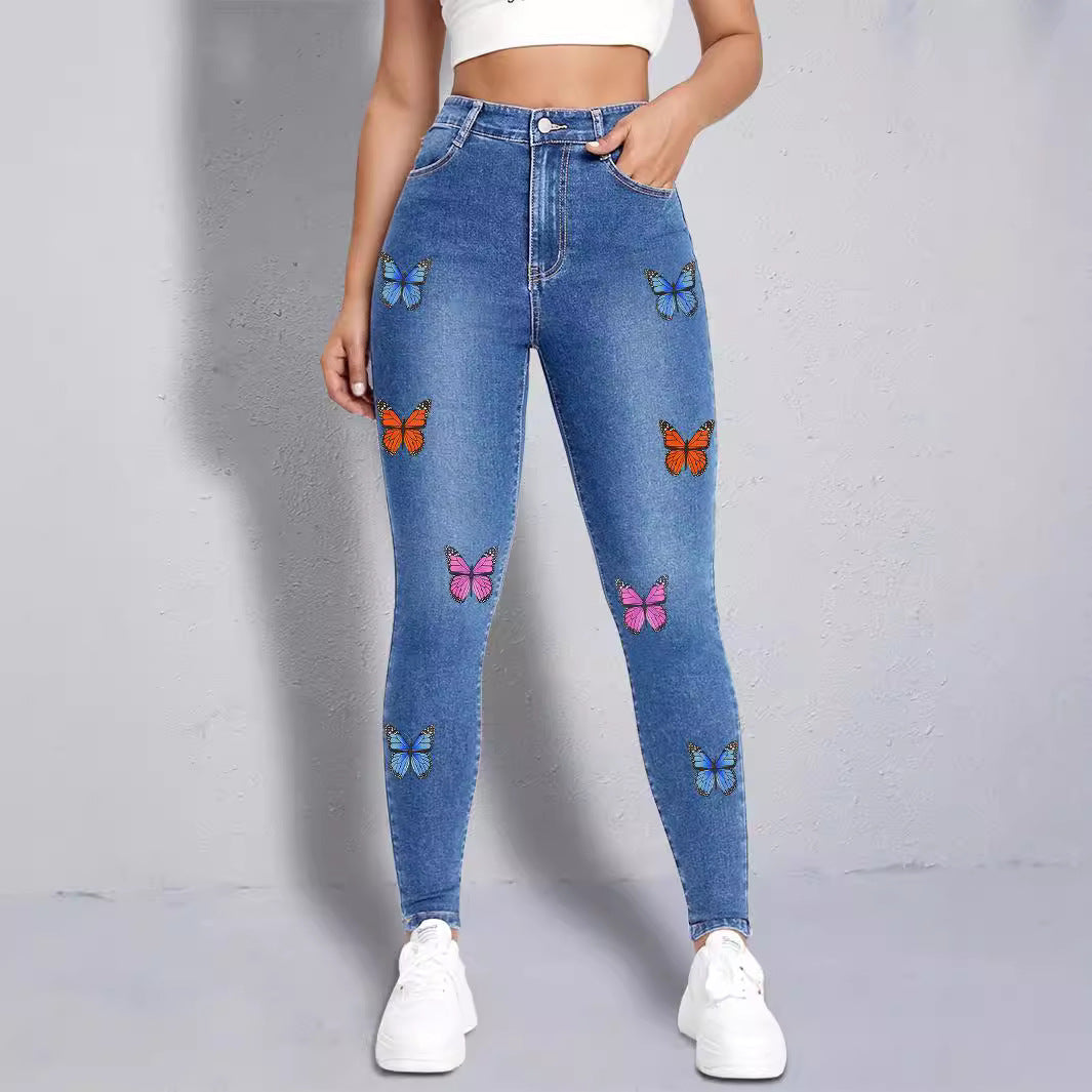 Damen Slim Fit Jeans mit buntem Schmetterlingsmotiv und hohem Bund Stalluxe