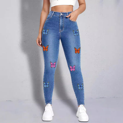 Damen Slim Fit Jeans mit buntem Schmetterlingsmotiv und hohem Bund Stalluxe