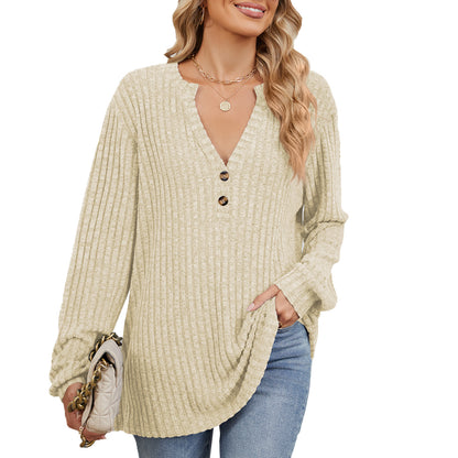 Damen Langarmshirt mit strukturiertem V-Ausschnitt und Knopfdetails Stalluxe