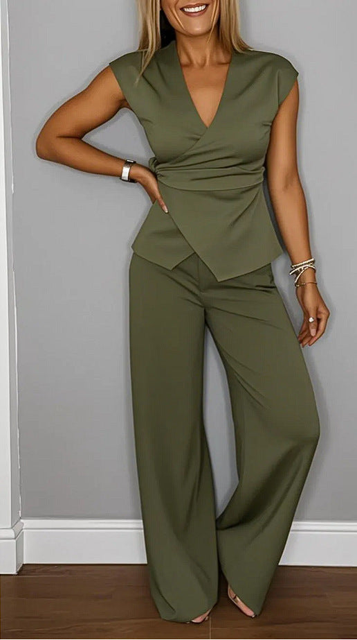 Damen elegantes Wickeloberteil mit weit geschnittenen Hosen Stalluxe