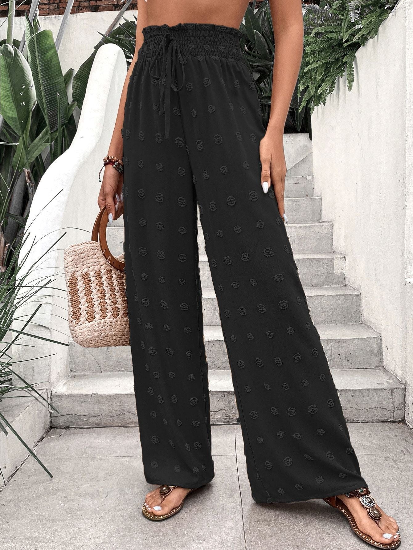Damen Elegante Weite Sommerhose mit elastischem Bund und süßem Muster Stalluxe