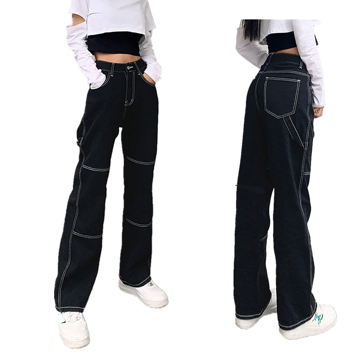 Damen weite Jeans mit modischen Kontrastnähten Stalluxe
