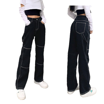 Damen weite Jeans mit modischen Kontrastnähten Stalluxe