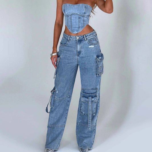 Damen Cargo-Jeans mit übergroßen Taschen und hohem Bund Stalluxe