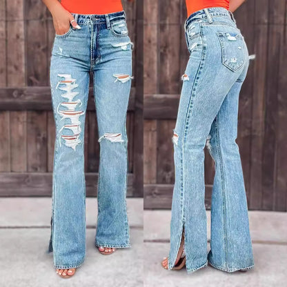 Damen Flared Jeans mit Distressed-Effekten und seitlichen Schlitzen Stalluxe