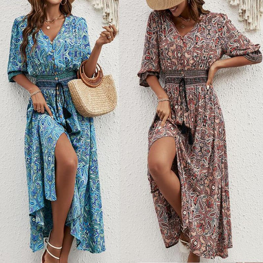Damen Maxikleid mit verspieltem Paisley-Muster und seitlichem Schlitz Stalluxe