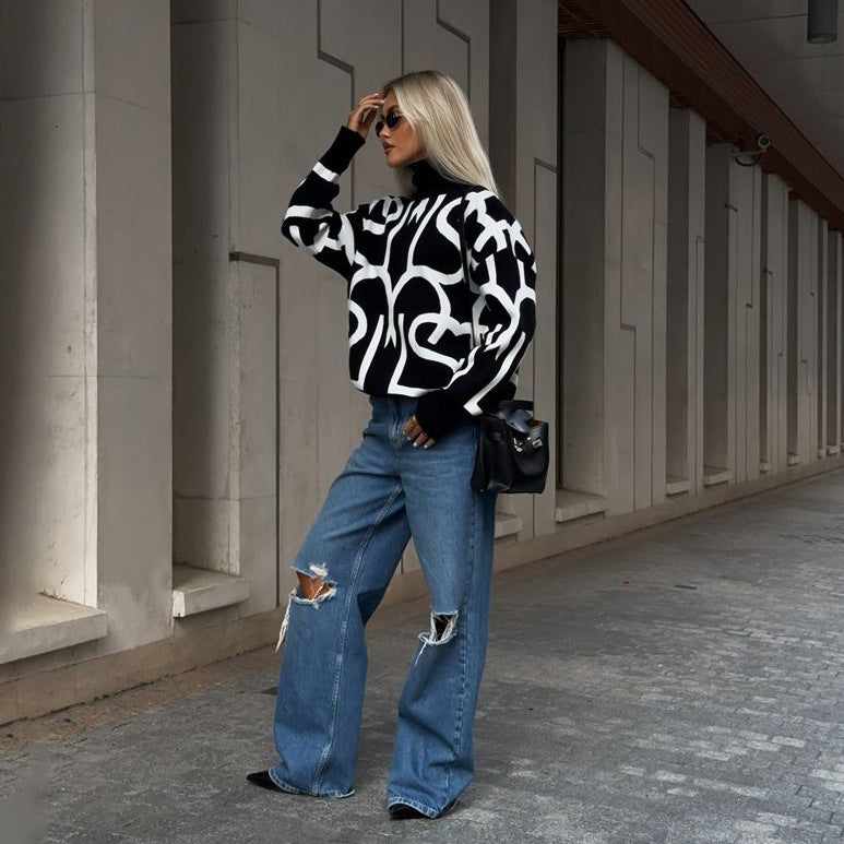 Damen Oversized Strickpullover mit modernem Grafikdesign Stalluxe