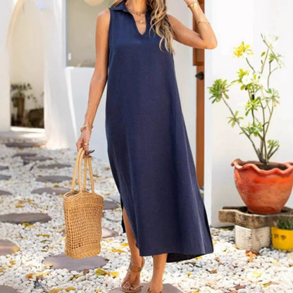 Damen lässiges Maxikleid mit seitlichen Schlitzen und Kragen Stalluxe
