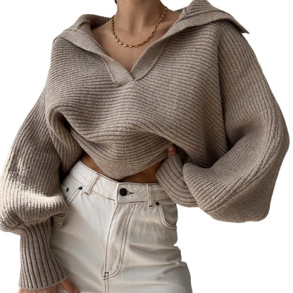 Damen cropped Strickpullover mit weitem Schnitt und angesagtem Kragen Stalluxe