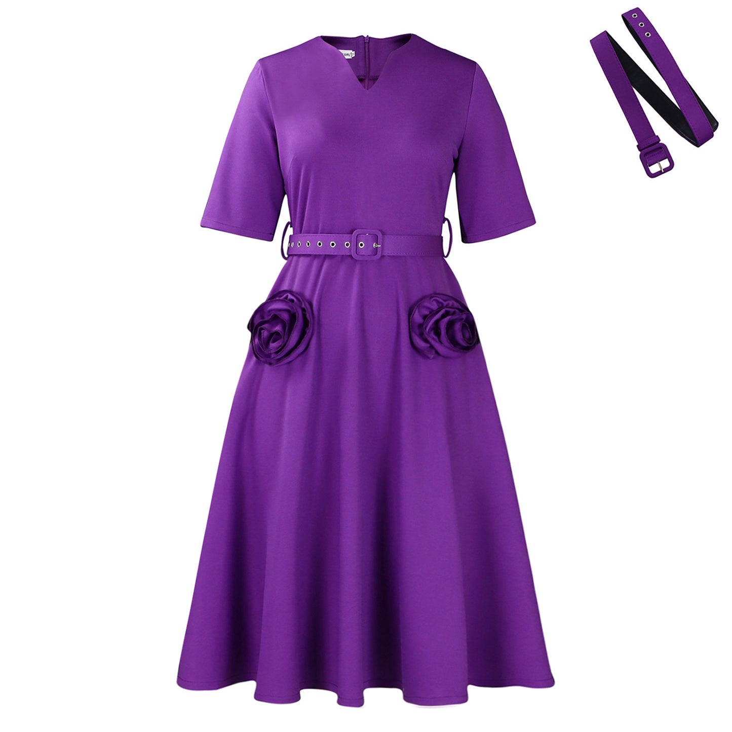 Damen Midi-Kleid mit dekorativen Blumenapplikationen und Taillengürtel Stalluxe