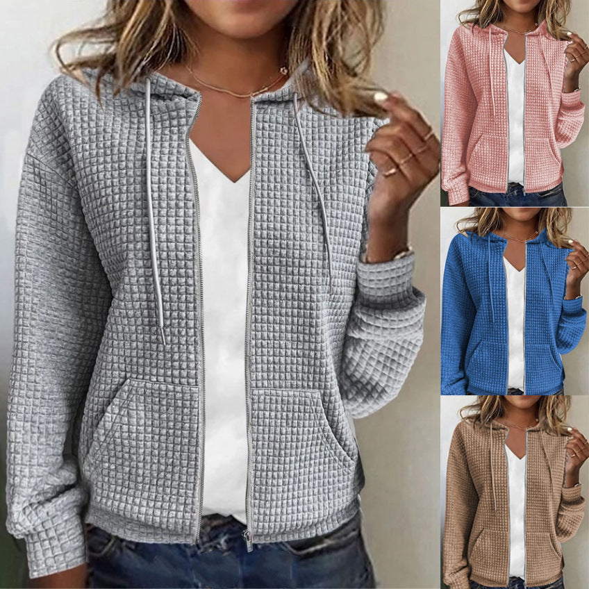 Damen Waffelstruktur Kapuzenjacke mit Taschen und Reißverschluss Stalluxe