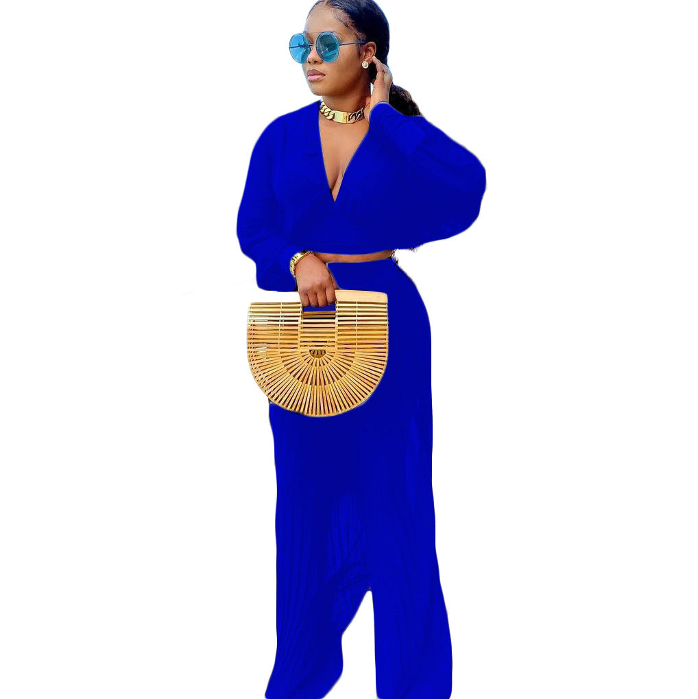 Damen Stilvolles Zweiteiliges Set mit weitem Schnitt und tiefem V-Ausschnitt Stalluxe
